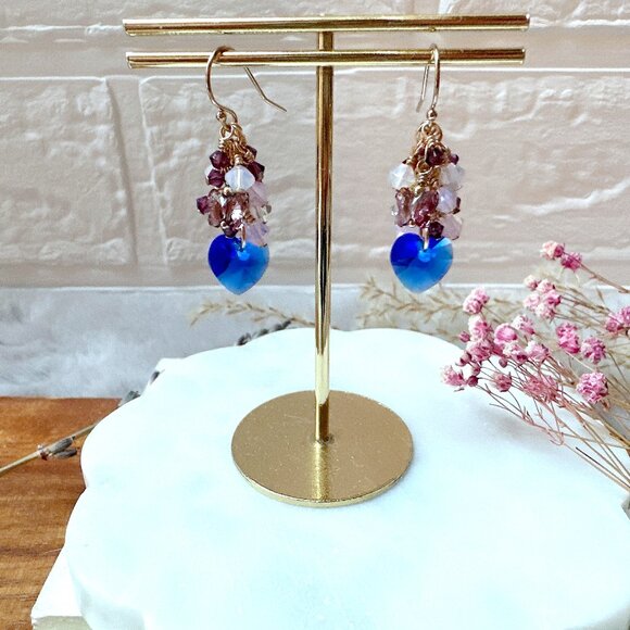 New Majestic Blue Heart Crystal Cluster Earrings | Handmade in BC - Picture 3 of 4